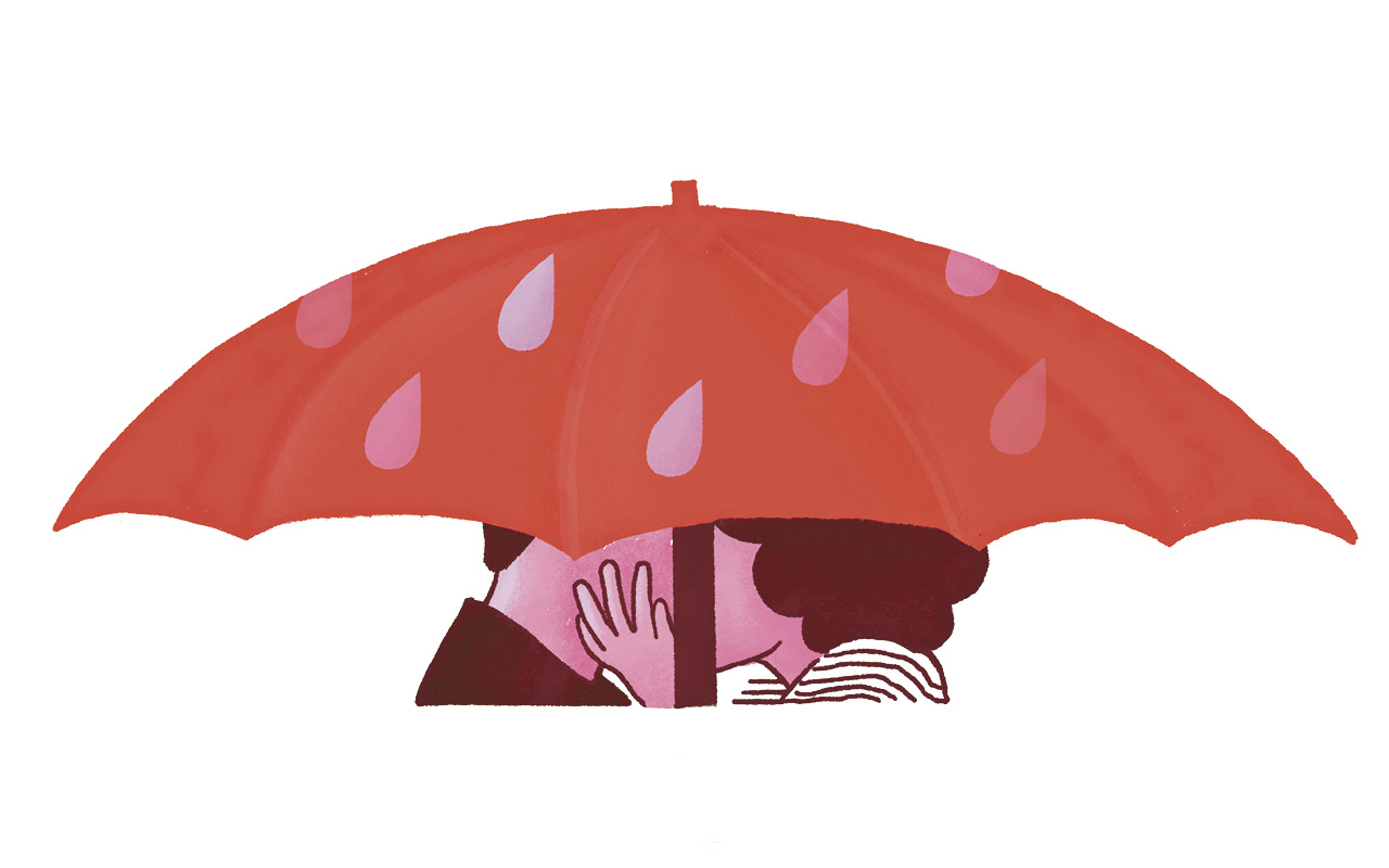 Ilustrácia bozkávajúceho sa páru pod červeným dáždnikom