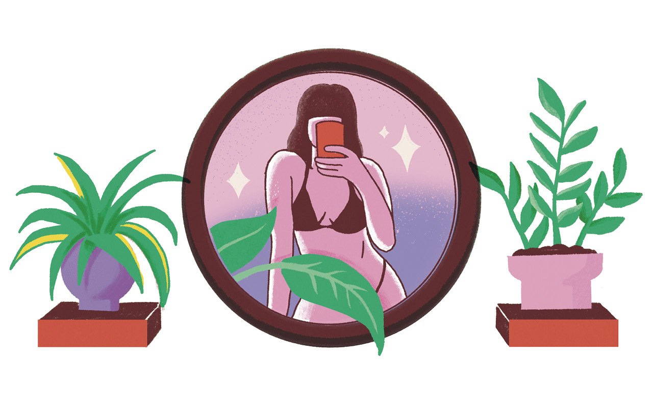 Illustration av en kvinna som tar en selfie i spegeln i sina underkläder