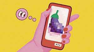 An illustration of a woman's hand holding a cellphone with a blurred-out eggplant emoji on the screen