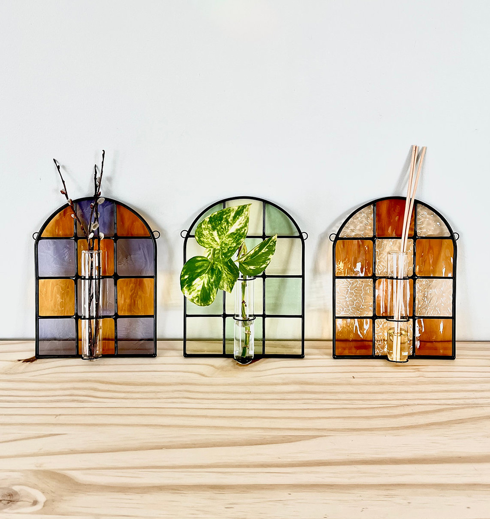 Checkered propagation stations made from stained glass from Canadian maker La Vie En Verre.