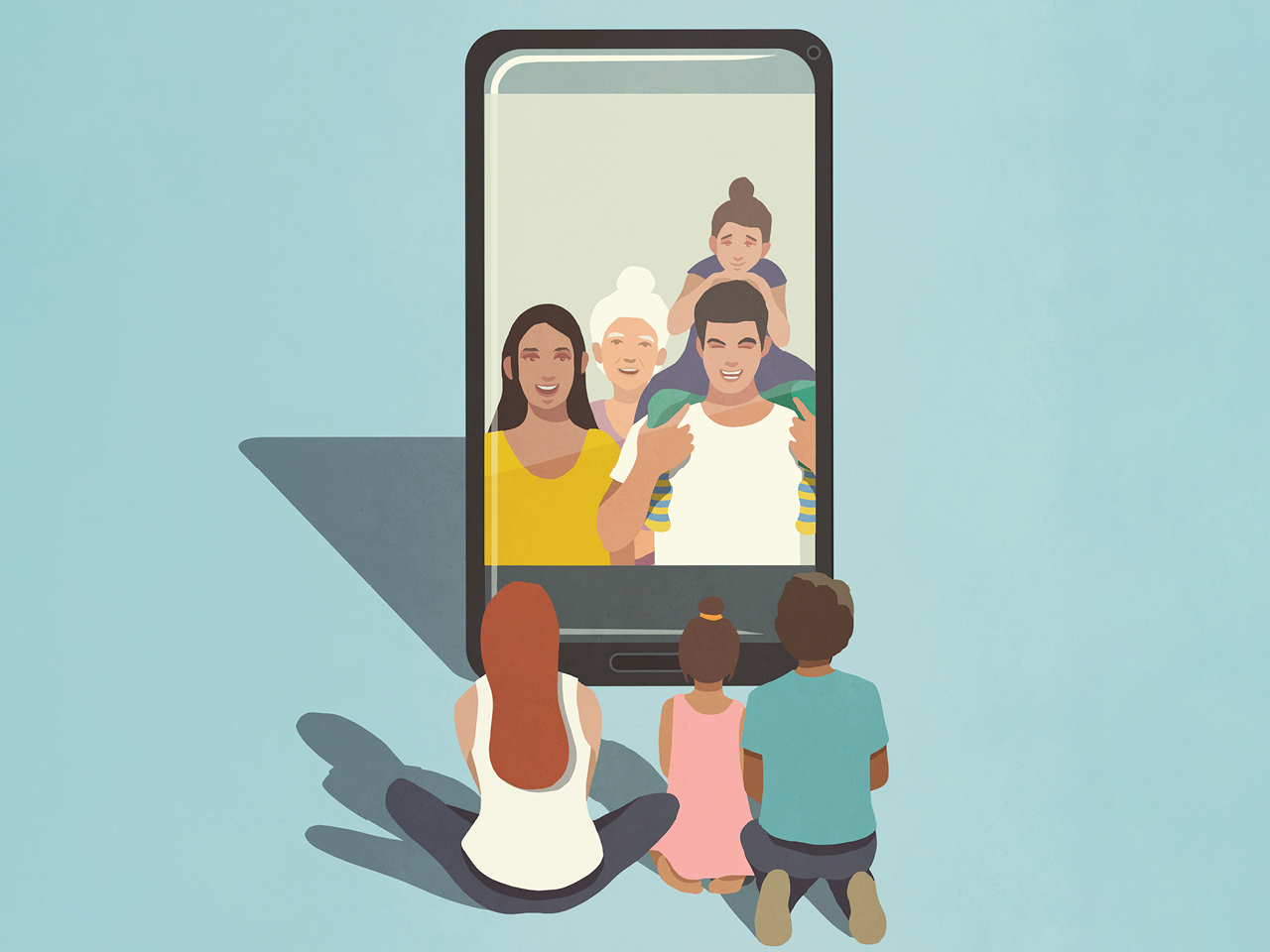 An illustration of a family video calling another family on a large Iphone