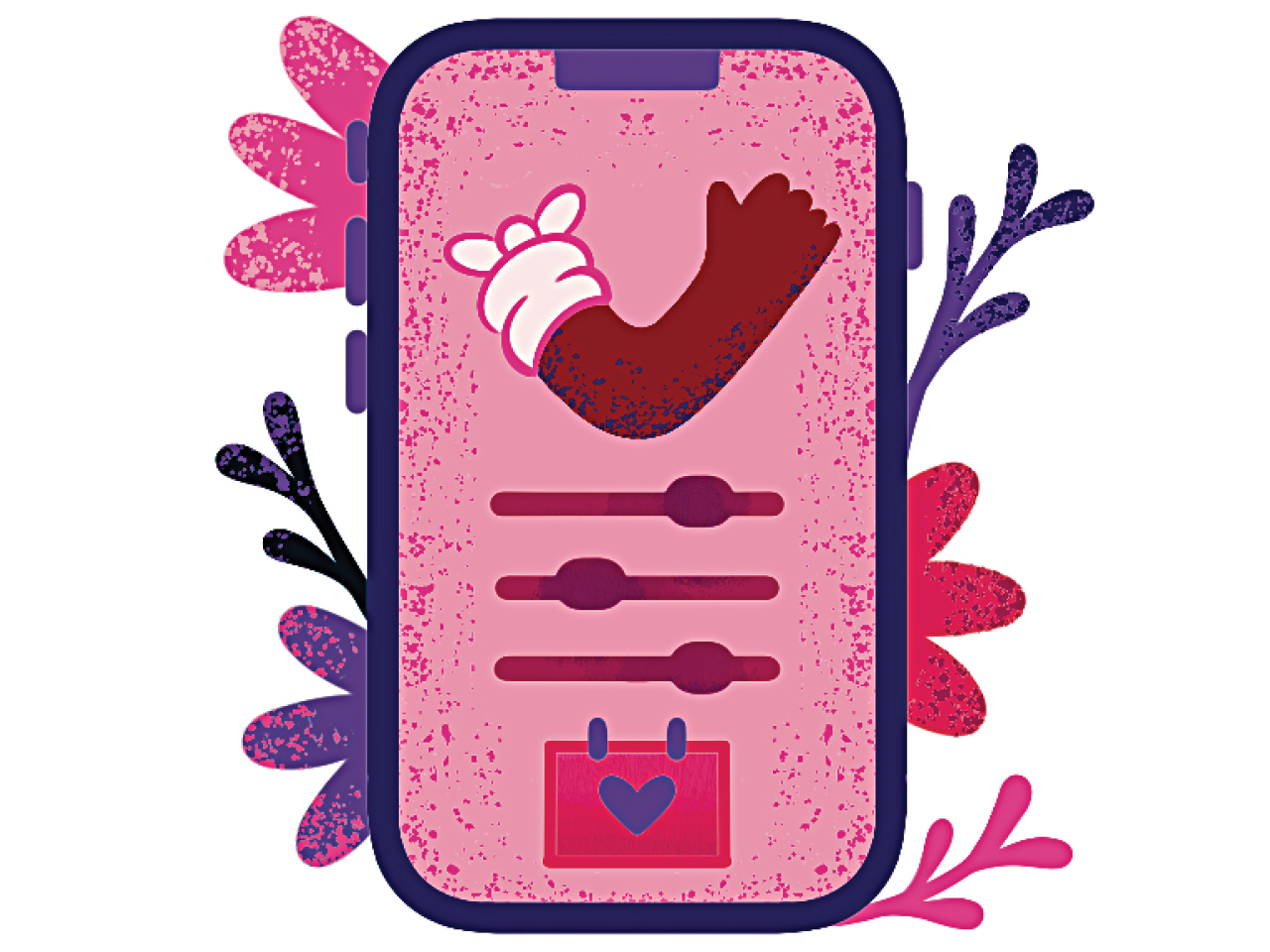 An illustration of an iPhone screen with an app interface of a calendar and tracking modules, with pink decorative flowers behind the phone.