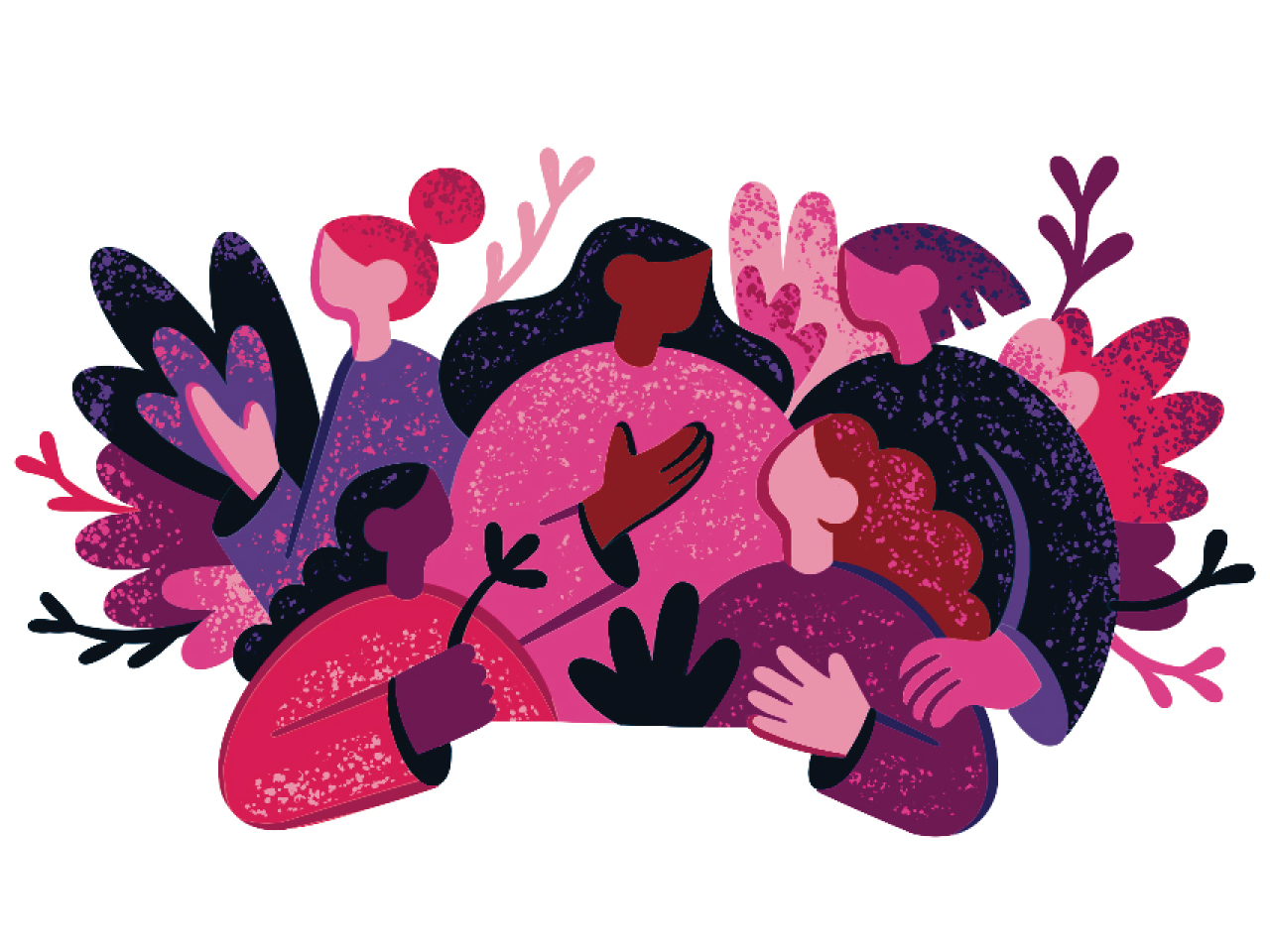 A pink illustration of a group of women embracing each other, with decorative flowers entwining them