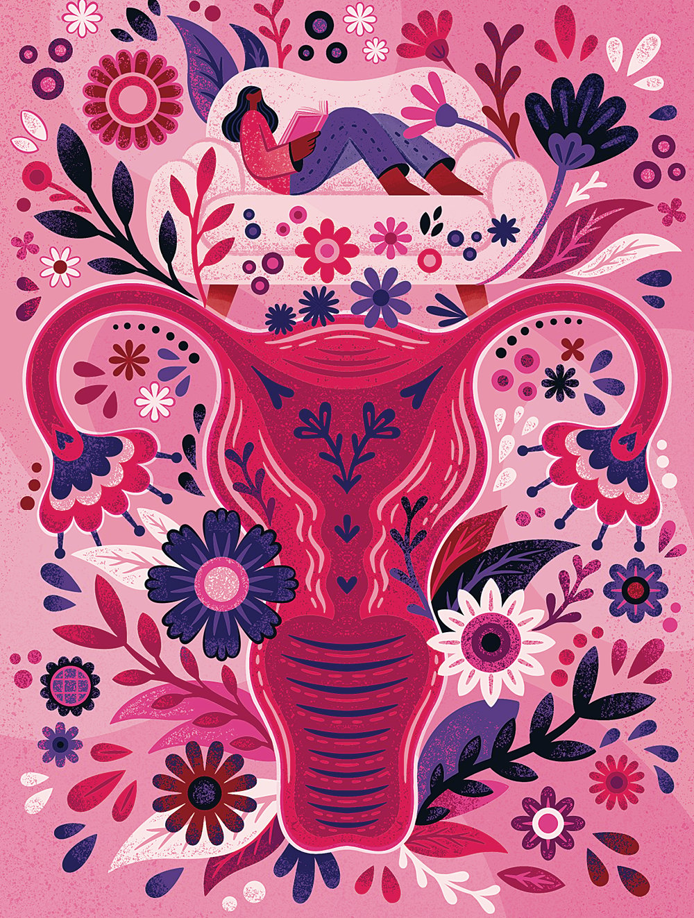An illustration of a uterus with pink decorative flowers and designs