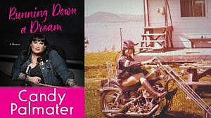A collage of the book cover Running Down A Dream: A Memoir by Candy Palmater, which shows a woman with dark hair sitting in front of a radio microphone, next to an image of a young person on a vintage motorcycle.