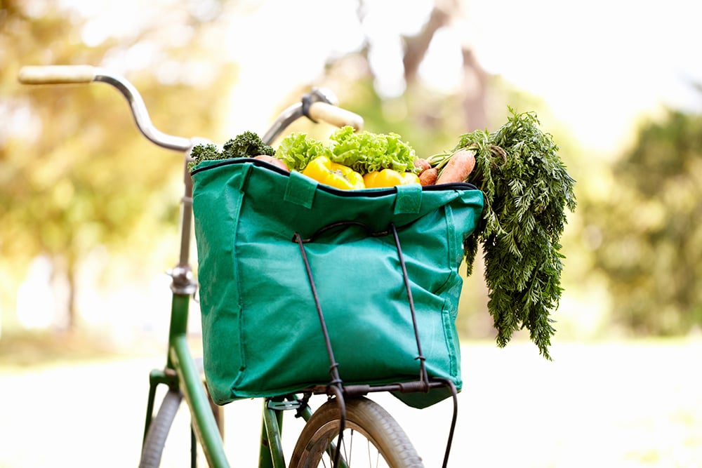 Cropped image of a bag of vegetables on a bike