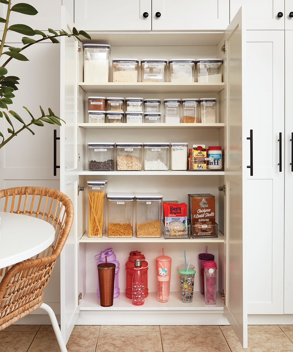 Sarah Nicole Landry's organized kitchen pantry, with doors open to show an array of neatly organized kitchen products