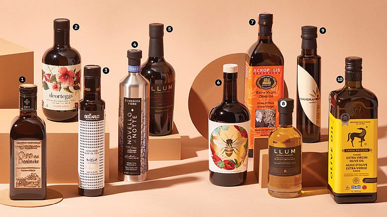 a lineup to 10 different olive oil bottles