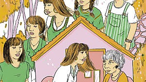 Illustration of woman meeting with grandmother on her porch, as various iterations of her past self linger in the background