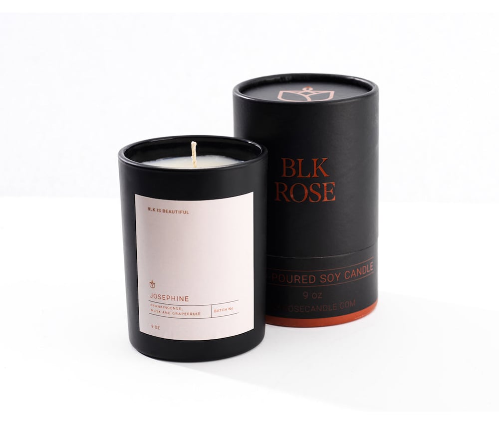 The Josephine cozy scented candle by Canadian brand BLK Rose Candle pictured against a white background.