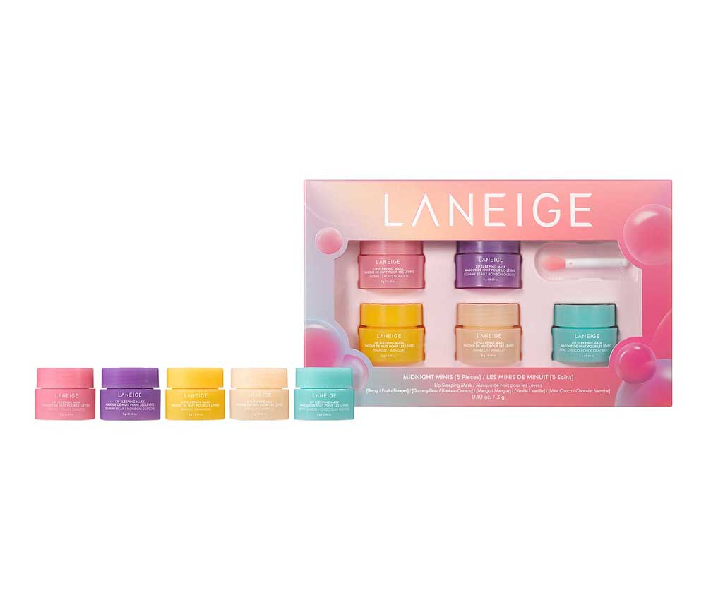 Mini Laneige lip sleeping mask set pictured in a pink box and outside the box.