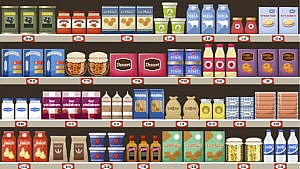 An illustration of a grocery store shelf of various food items like olives, milk, cookies, and sugar displayed
