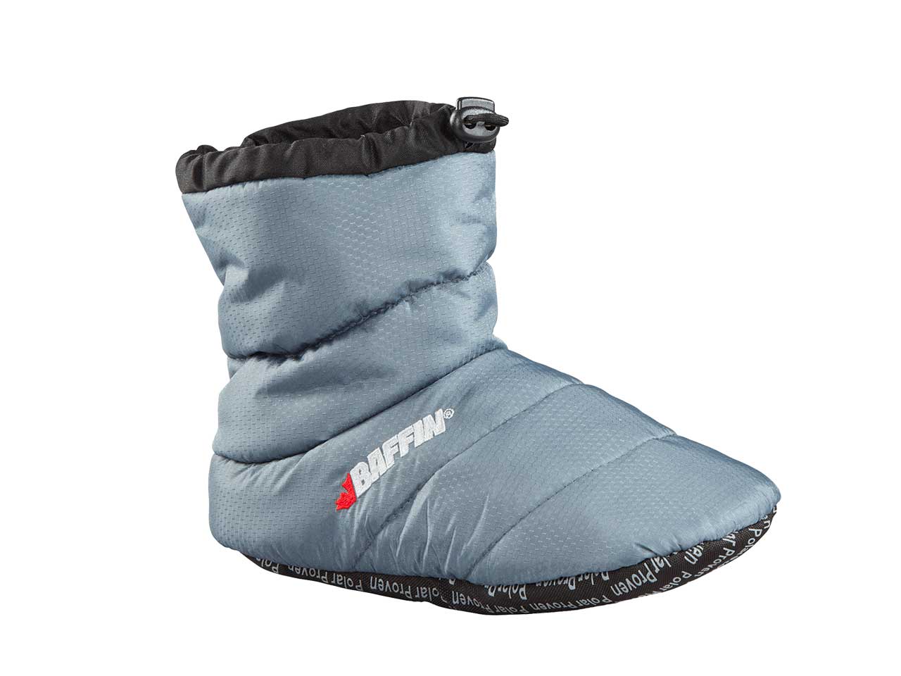 A grey Baffin insulated puffer slipper seen from the side.