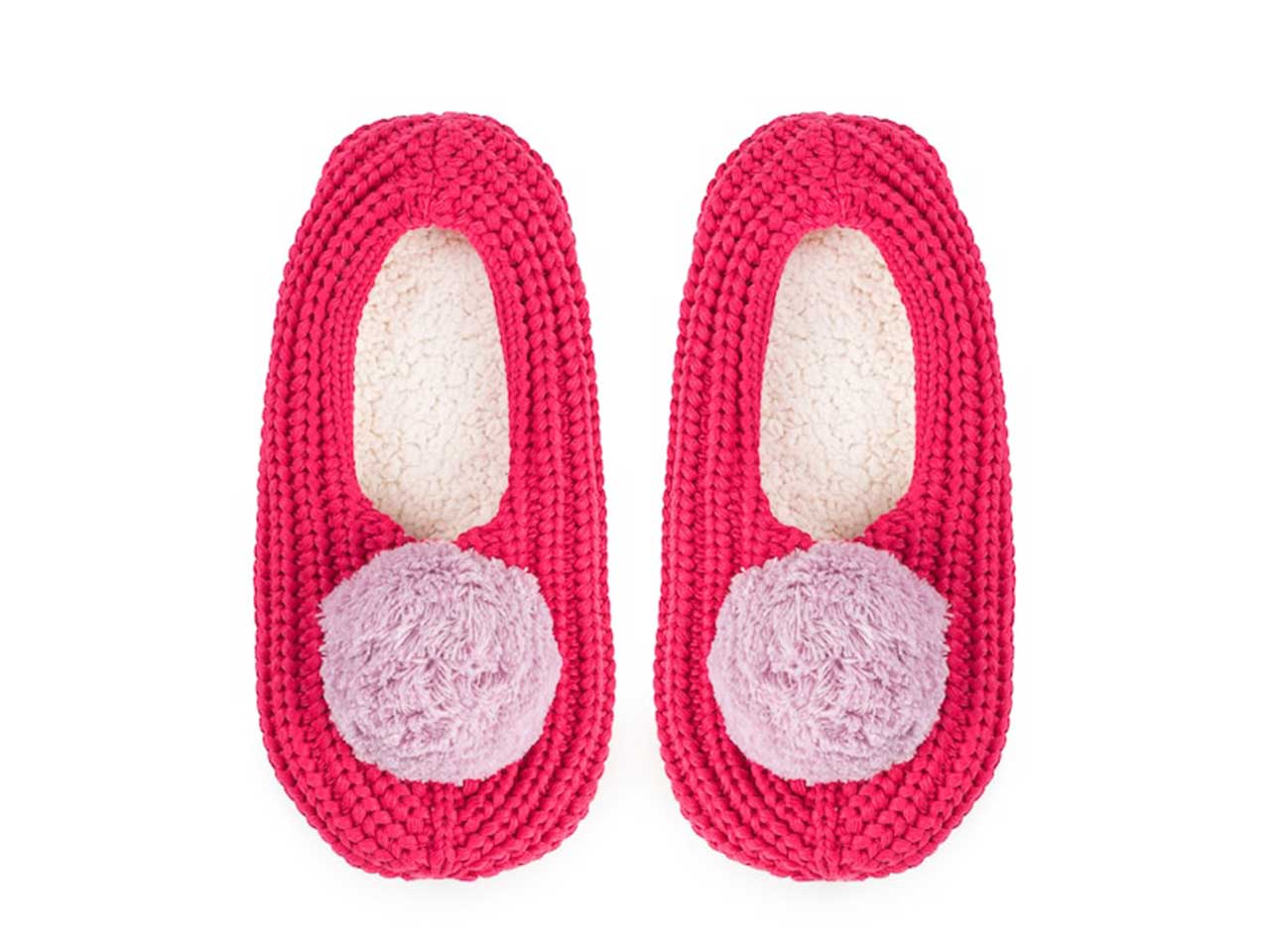 A pair of pink knitted slippers with purple pompoms seen from above.