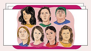Illustrations of seven Ontario climate activists. Clockwise from top left: Sophia Mathur from Sudbury, Ont.; Shelby Gagnon of the Aroland First Nation; Aamjiwnaang First Nation’s Beze Gray; Toronto’s Zoe Keary-Matzner; Ottawa’s Alex Neufeldt; Shaelyn Wabegijig from Nogojiwanong (Peterborough, Ont.); and Madison Dyck of Thunder Bay, Ont.