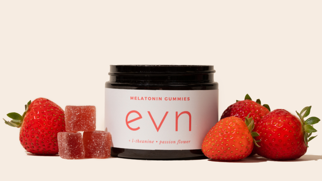 A product shot of EVN Strawberry Melatonin Gummies