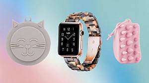 A grey cat food cover, a tortoise Apple Watch band and a pink scalp massager seen on a blue and pink watercolour background.