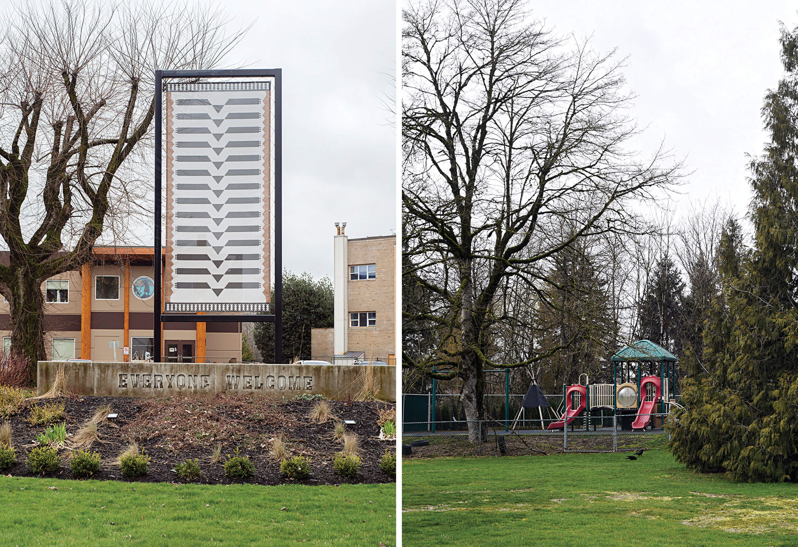 Left: The entrance of the Stó:lō Service Agency. Right: The playground behind A:lmélháwtxw.