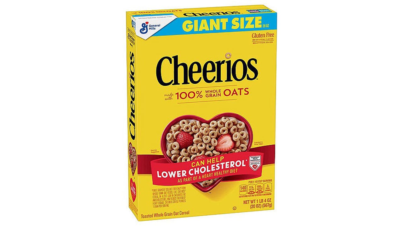 A box of Cheerios cereal on a white background