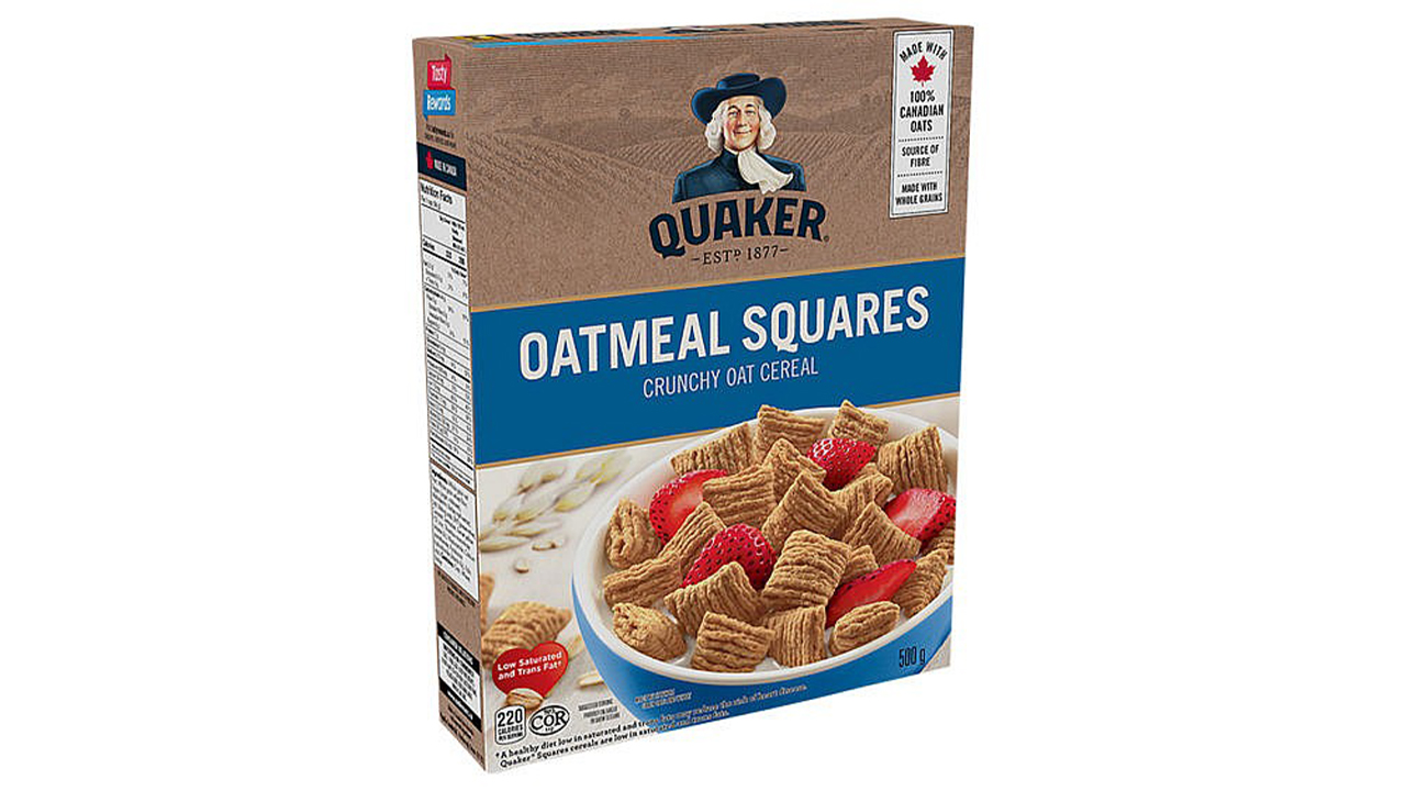 A box of Quaker Oatmeal Squares cereal on a white background