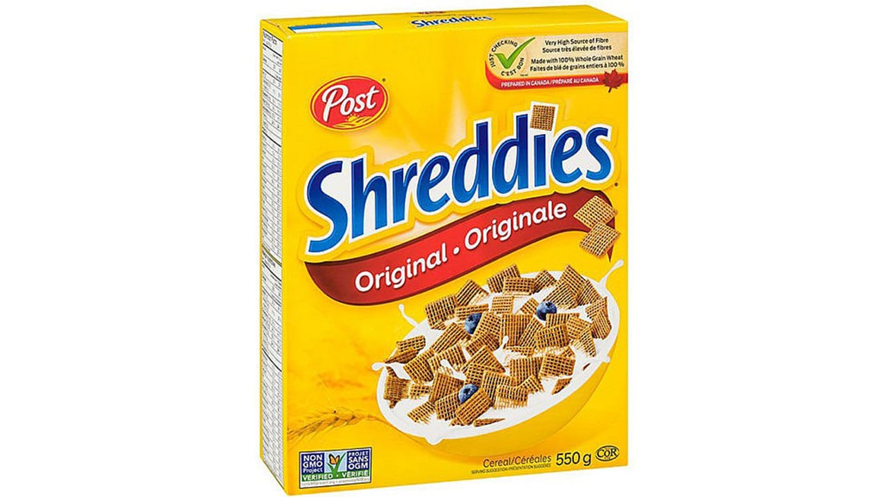 A box of Shreddies cereal on a white background
