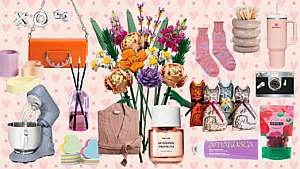 A collection of pink, orange and purple products for Valentine's Day gift ideas against a light pink background decorated with pink hearts.