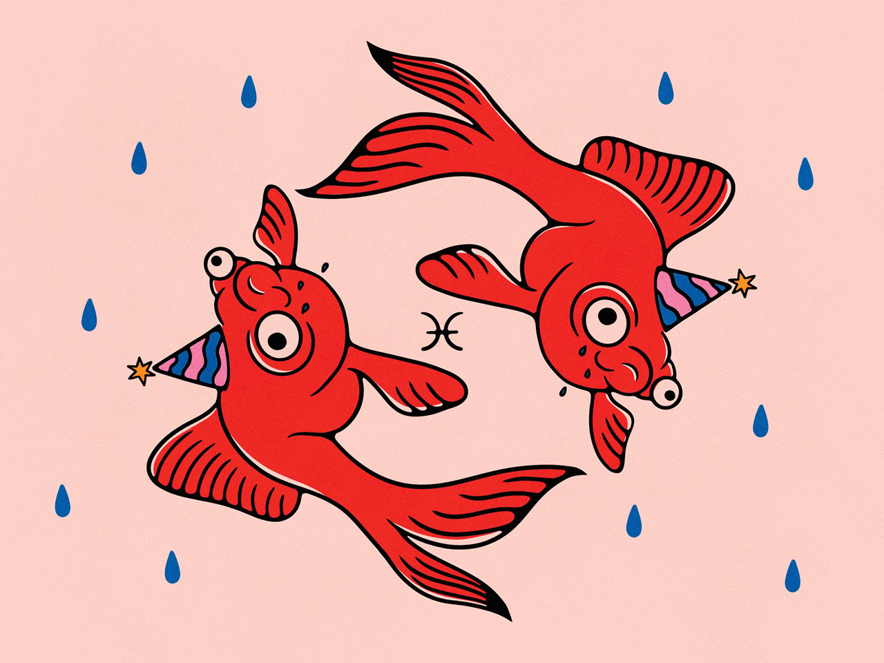 An illustration of two goldfish swimming around in a circle. the goldfish are wearing small party hats with pink and blue squiggly stripes and a gold star at the tip. In between the fish is the symbol for Pisces.