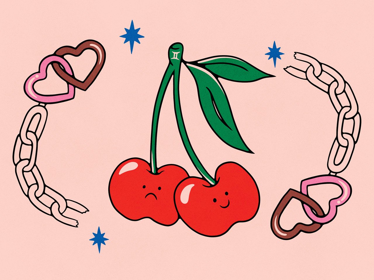 An illustration of a pair of cherries connected at the stem. One cherry has a smiley face and the other has a sad face. On the tip of the stem, there's a pair of leaves and a small gemini symbol