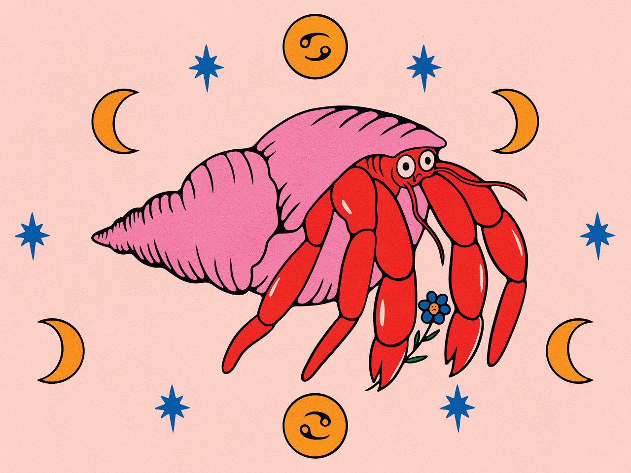 An illustration of a hermit crab with a pink shell. The hermit crab has a tear falling from their eye and is holding a flower who also has a frowny face on it. The cancer symbol is shown in circles above and below the crab.
