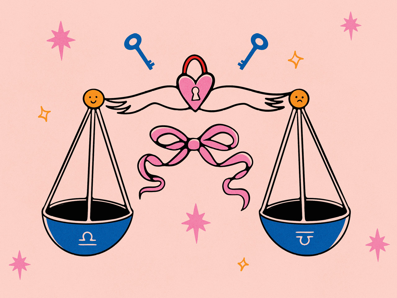 An illustration of balance scales. each bowl has the symbol for Libra on it.