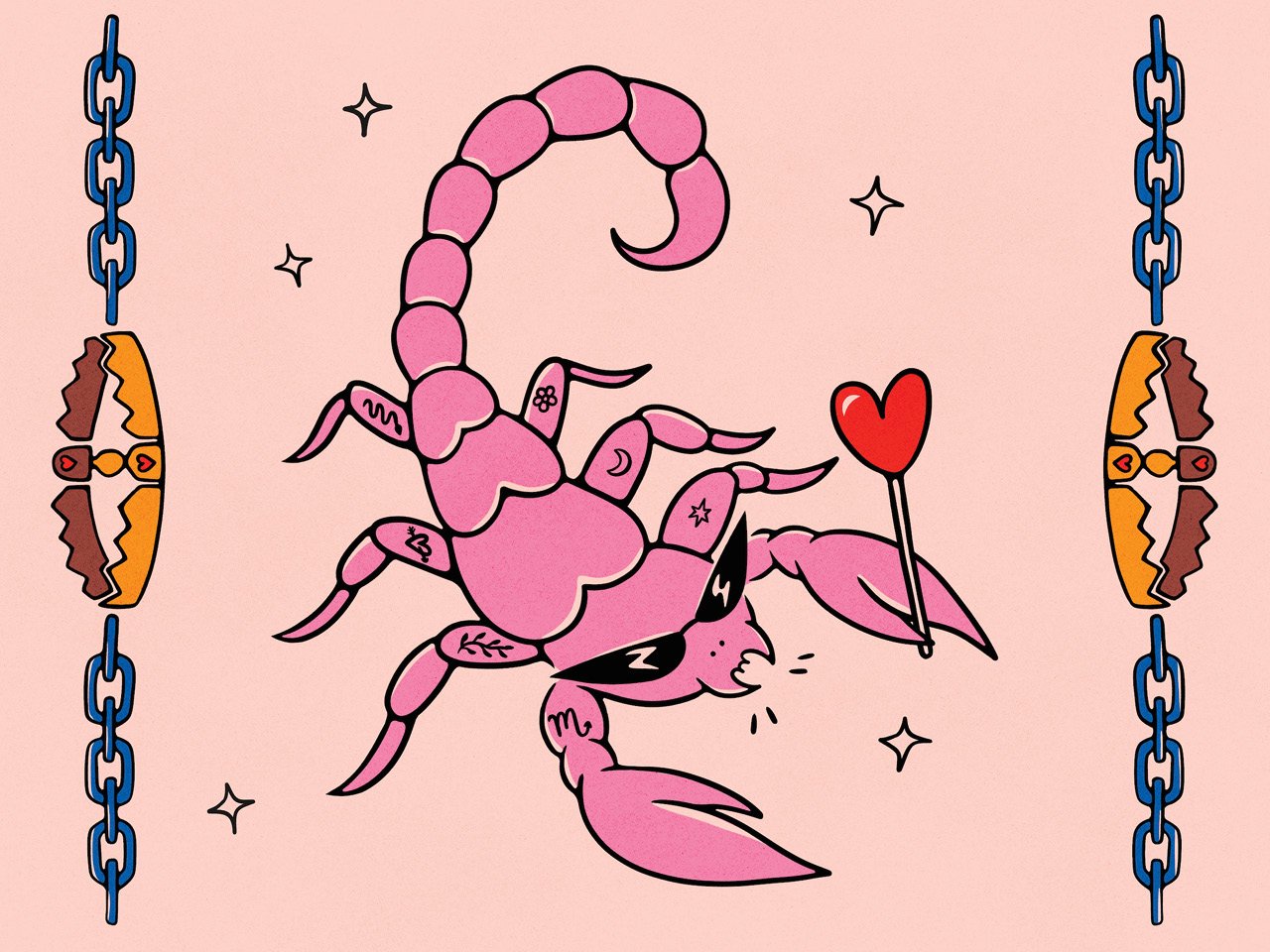 An illustration of a pink scorpion wearing sunglasses and holding a heart-shaped lollipop. The Scorpio symbol is on it's front arm like a tattoo. it's other arm and legs have symbol tattoos as well like a star, moon, flower and snake.