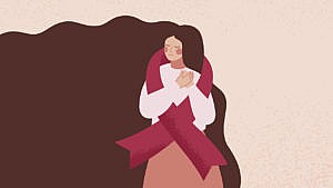 An illustration of a woman clutching her chest with a cancer ribbon around her shoulders