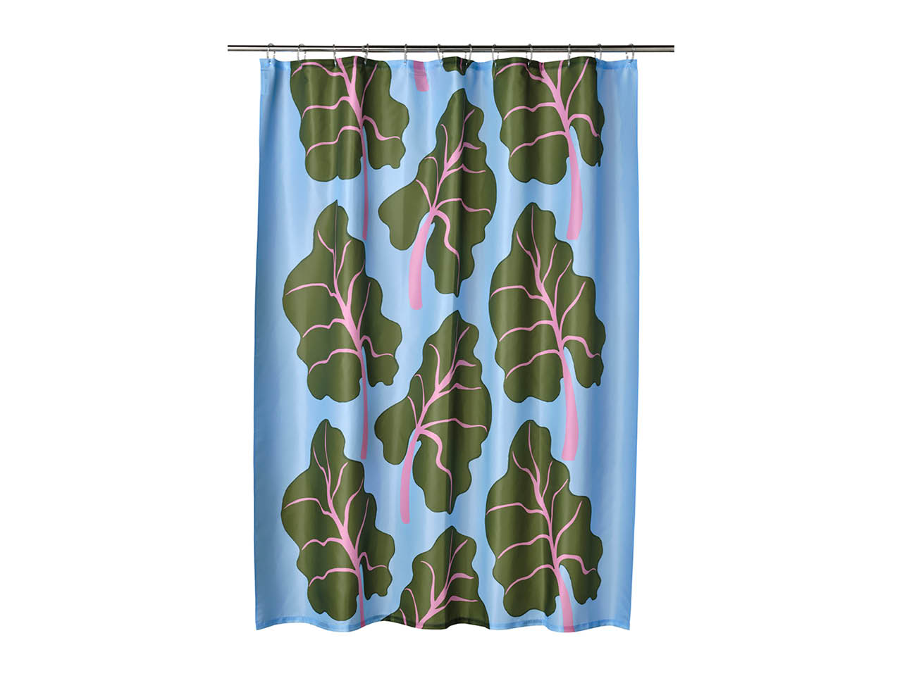 blue shower curtain printed with green and pink rhubarb leaves on white background 