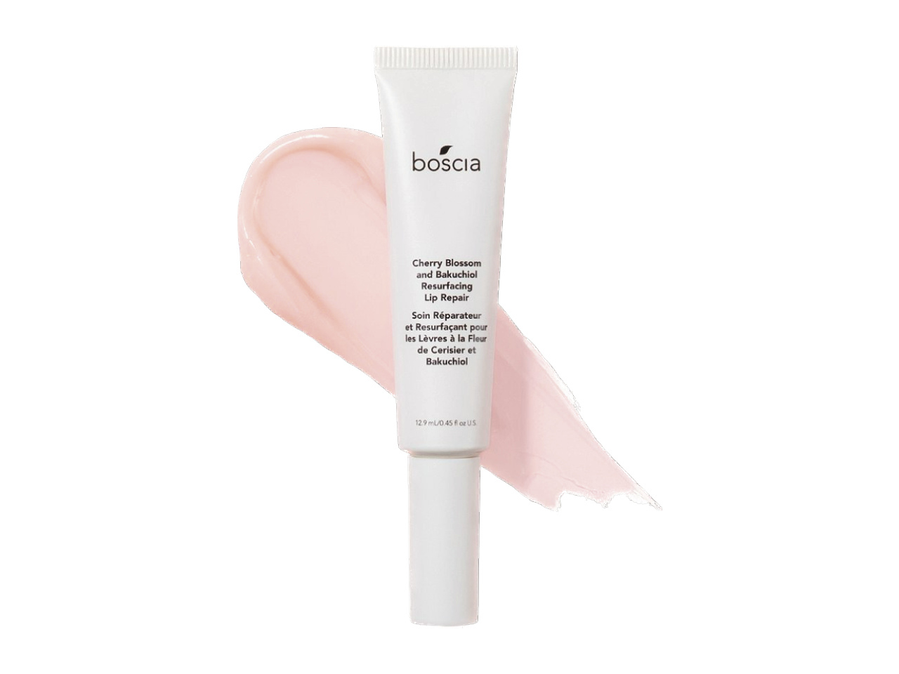 A white tube of Boscia Cherry Blossom and Bakuchiol Resurfacing Lip Repair lip balm with a pink product swatch.
