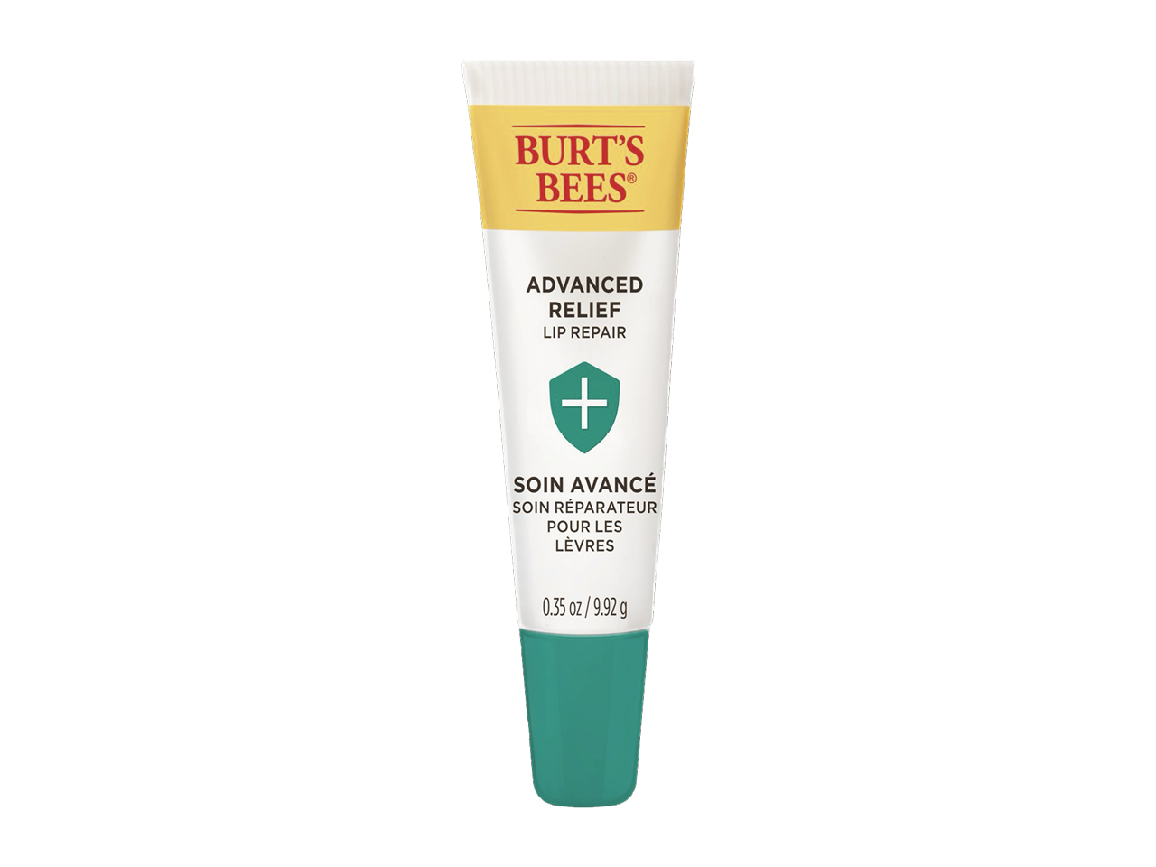 A tube of Burt’s Bees Advanced Relief Lip Repair lip balm with a green cap.