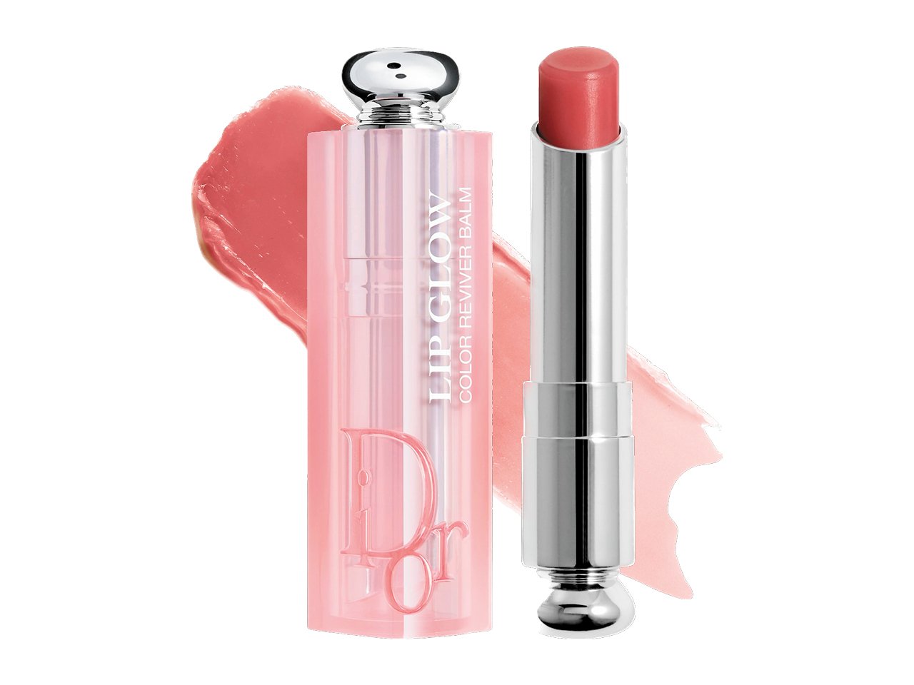 A tube of Dior Dior Addict Lip Glow Color Reviver Balm in Rosewood lip balm with a pink product swatch.