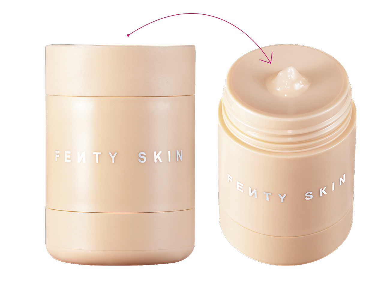 A beige jar of Fenty Skin Plush Puddin’ Intensive Recovery Lip Mask lip balm, shown with an arrow pointing to the twist-up packaging.